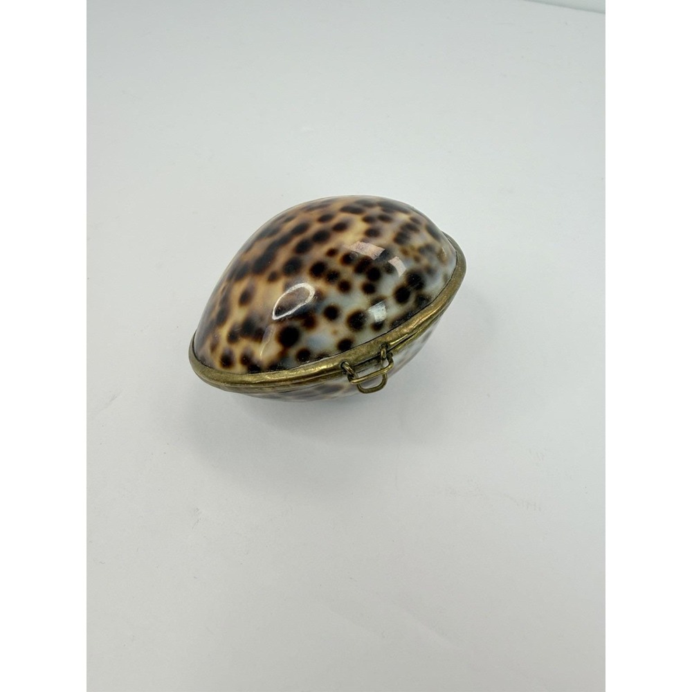 Cowrie Shell Brass Tone Hinged Trinket Pill Box Vintage Nautical